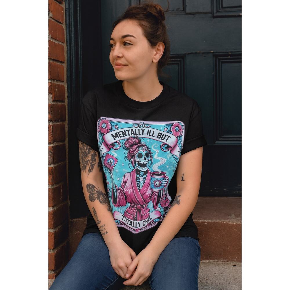 Skeleton Coffee Tarot Card Mentally Ill But Totally Chill T-Shirt XL Cotton Goth